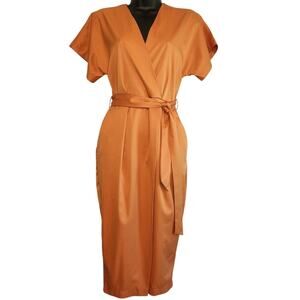 Favlux solid belted faux wrap dress golden yellow size S